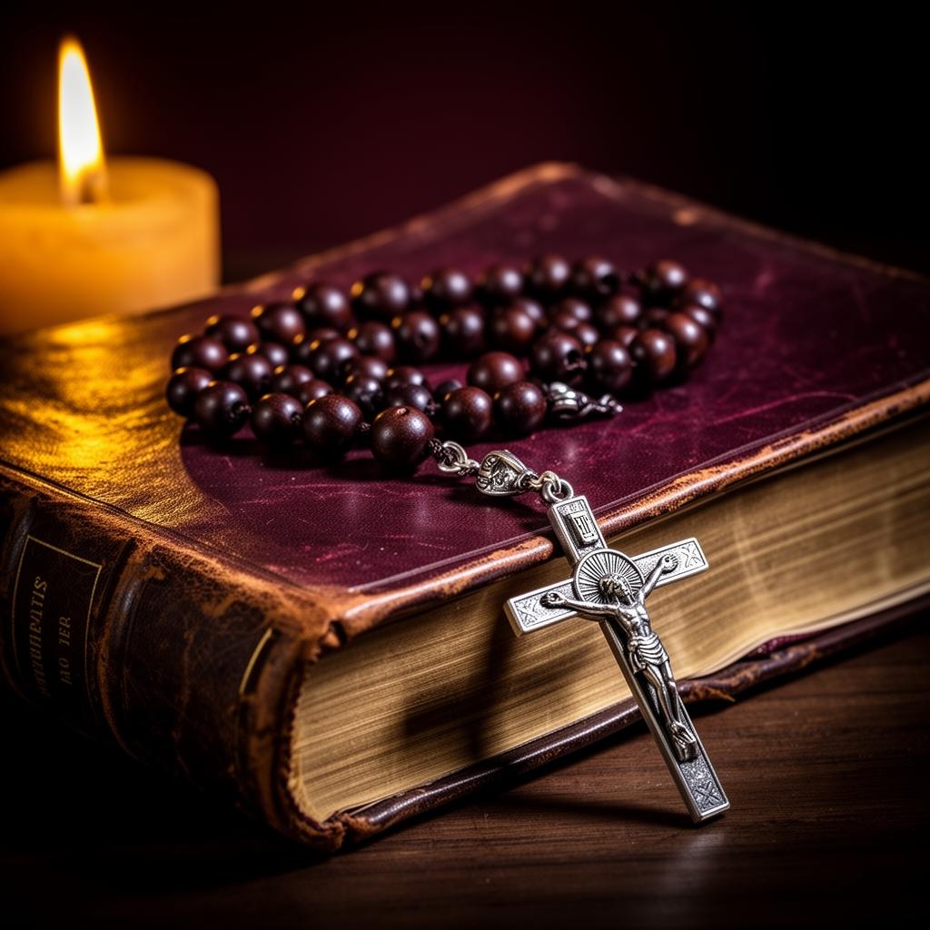 Wooden rosary beads with a silver crucifix resting on an open leather bible by candlelight